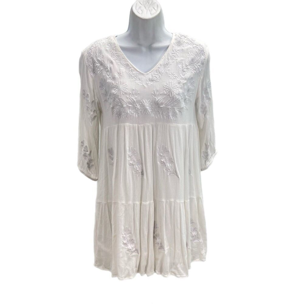J. Marie Babydoll Dress XS White Fully Embroidered Tiered Lined NEW